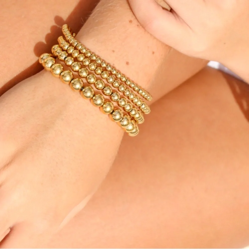 GOLD FILLED Bead Bracelets SET of 4, Beads stretch Stack, waterproof shower - Picture 4 of 5